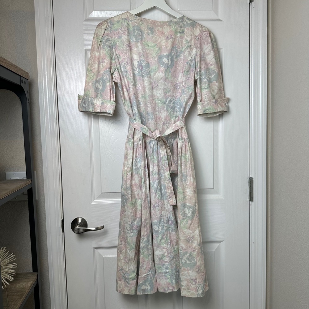 Floral Vintage Prairie Cottagecore Midi Dress Sm Pastel Pink Blue Dropped Waist - Picture 2 of 12